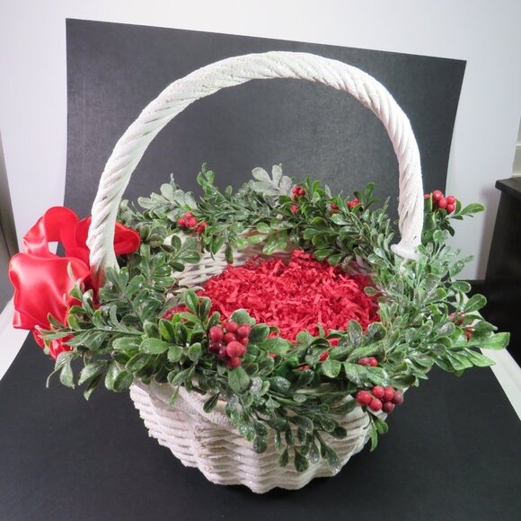 Snowy White Wicker (Strong) Basket w Holly Greenery (removable) - Picture 2 of 15